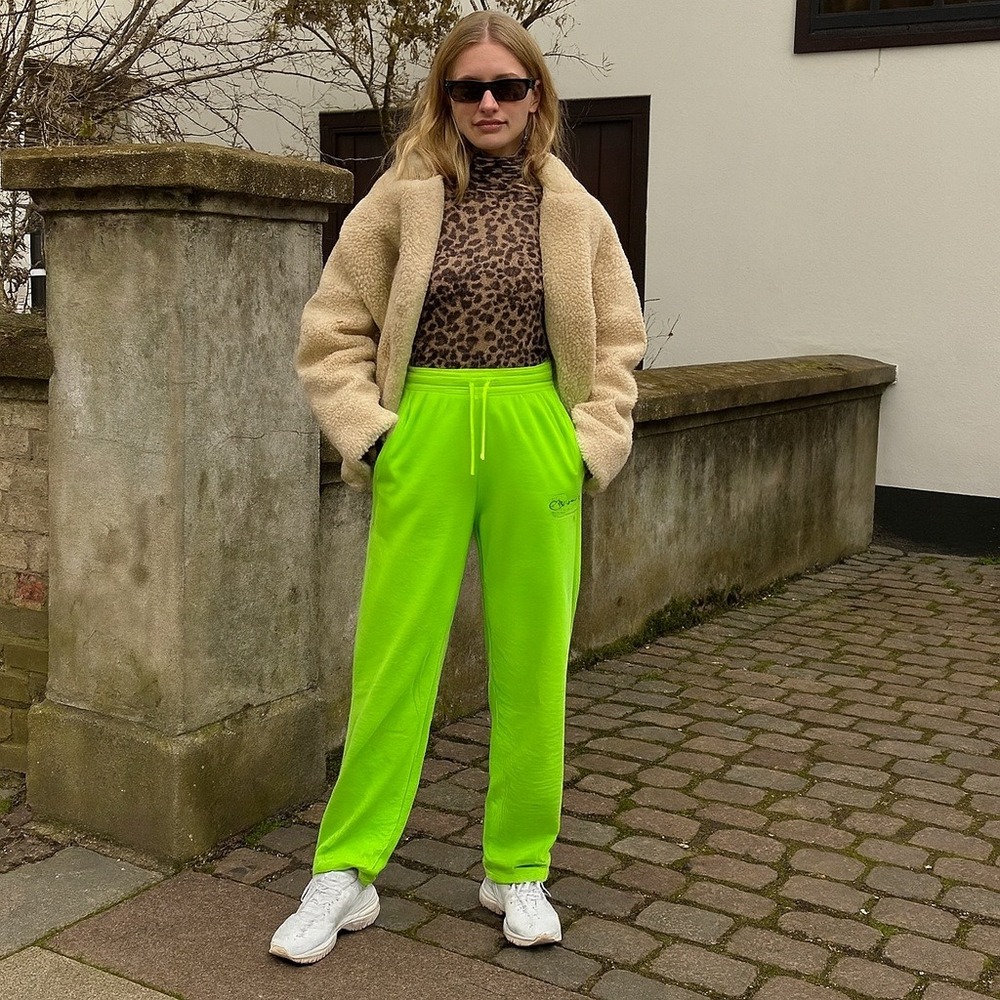 GANNI Neon Green Organic Cotton Sweatpants Womens XS Drawstring Fleece Casual